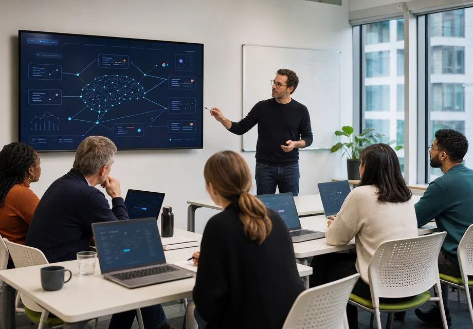 Small group of UK professionals learning practical AI skills in a modern classroom