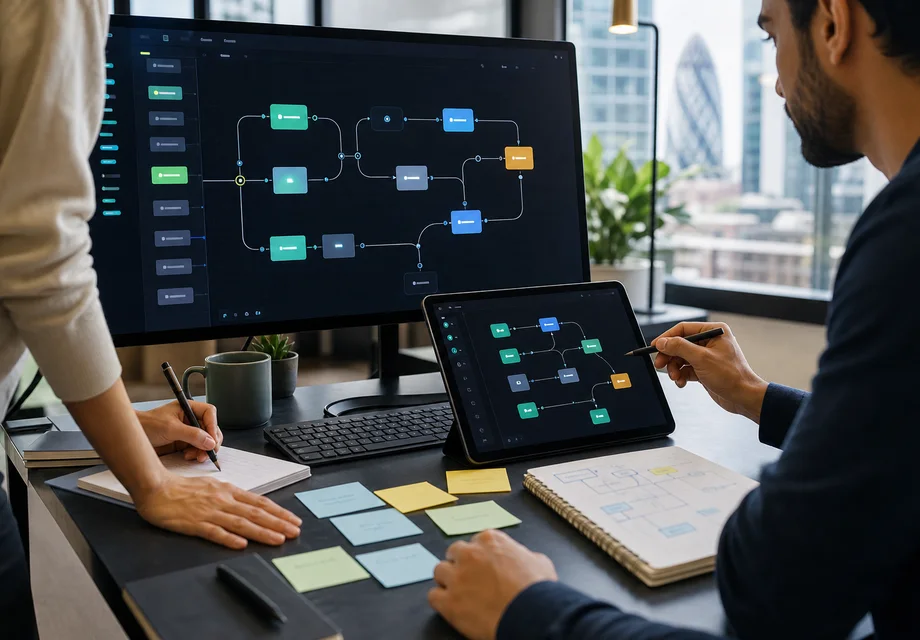 Business automation workflow planned across monitor and tablet screens