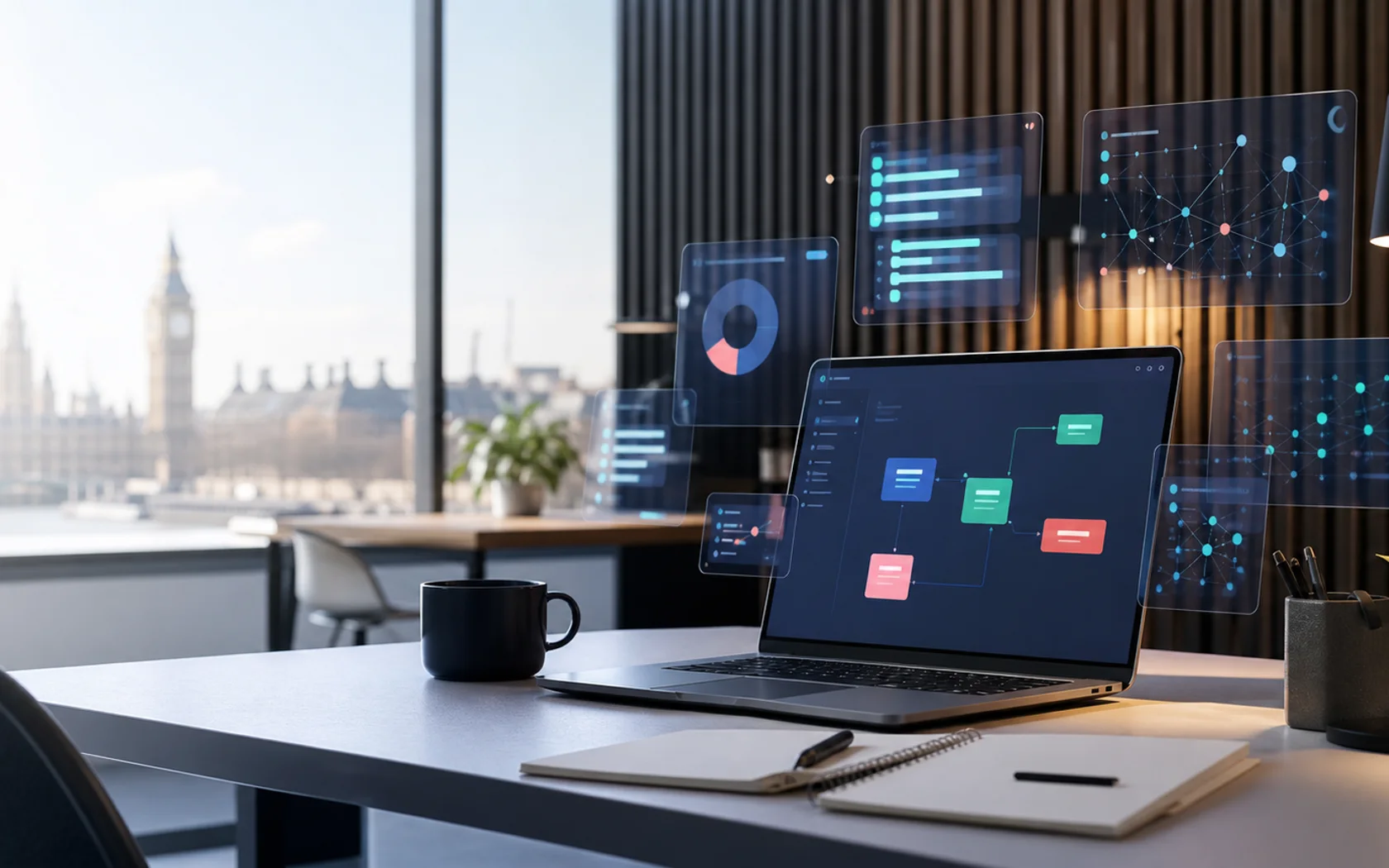 Modern AI training workspace with laptop, notebooks and abstract workflow panels